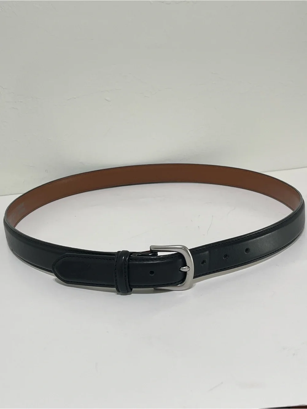 LL Bean Smooth Black Leather Belt Silver Tone Buckle Made in USA Vintage Size 42